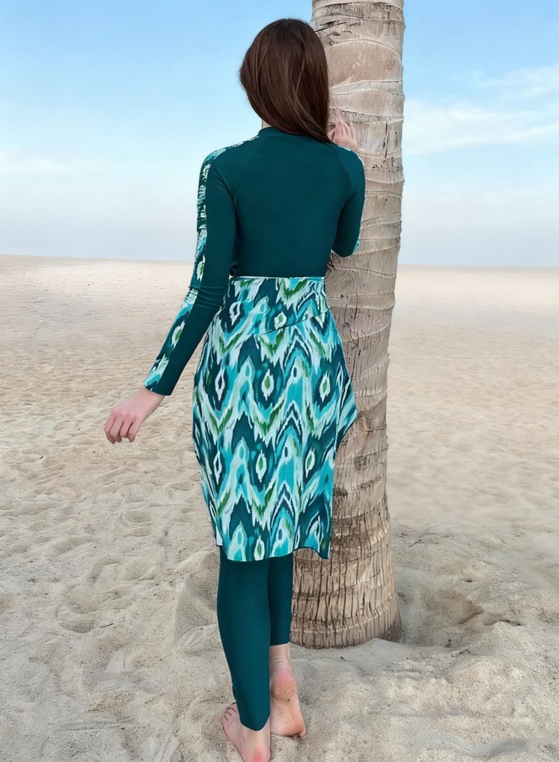 Fianser Swimwear 3-Piece Swimsuits Set Long Sleeve With Wrap Skirt Burkini Modest Fashion Conservative Green Print Sun UV Protection Diving Suit Surfing Suit Quick Dry Beachwear Swimming Costume Chiffon, Zipper Long Pants Waist-Tie - Image 4